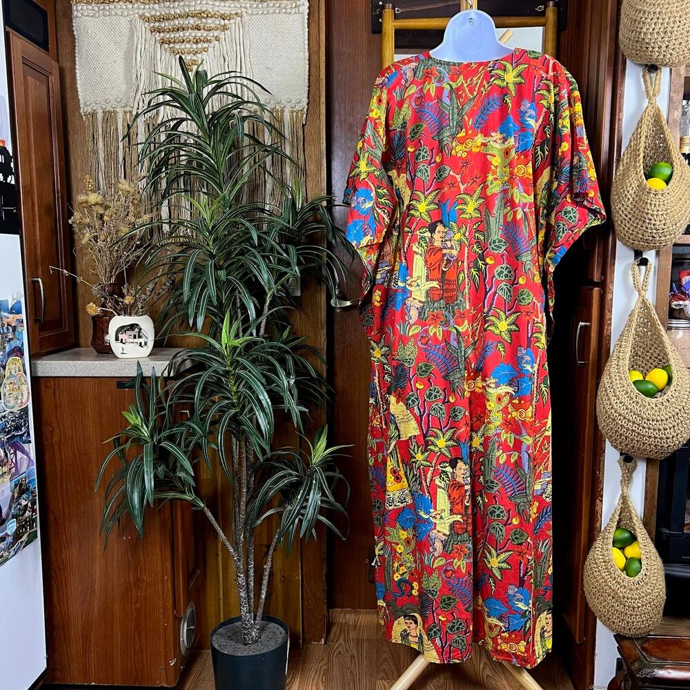 Frida Kahlo Print Kaftan Maxi Dress One Size Red Cotton Resort Caftan Cover Up - Picture 3 of 16